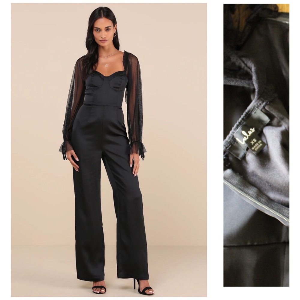 Lulus Gracefully Modern Black Satin Mesh Long Sleeve Bustier Jumpsuit Preowned